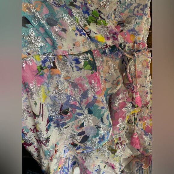 Rococo Sand Floral Leila Metallic Stars Mini Dress Sz XS Wrap Viscose Lined NWT - Picture 16 of 17